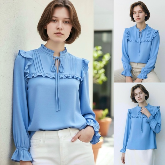 CeCe Ruffle Crepe Blouse Split Neckline with Tie Pintucks Long Sleeve Small - Picture 12 of 15